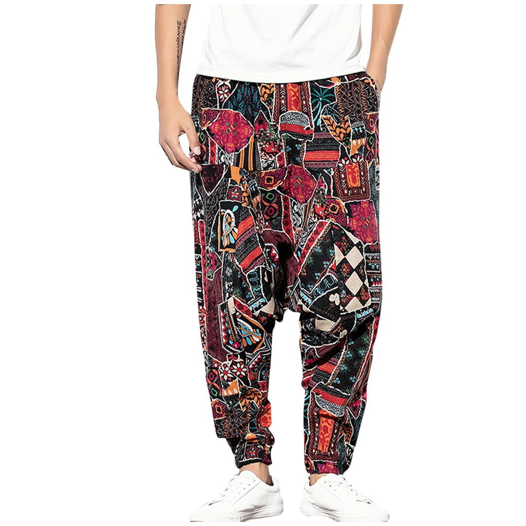 Men Cotton Linen Harem Pants Vintage Ethnic Print Elastic Waist Hippie