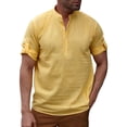 thumbnail image 1 of Men Cotton Linen Henley Shirt Casual Roll Up Short Sleeve Summer T Shirt Button Band Collar Tee Top Beach Hippie Shirts, 1 of 9