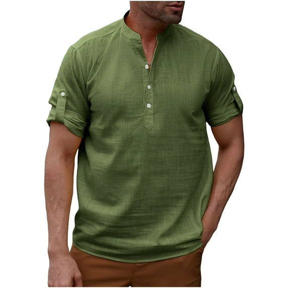 Men Cotton Linen Henley Shirt Casual Roll Up Short Sleeve Summer T Shirt Button Band Collar Tee Top Beach Hippie Shirts
