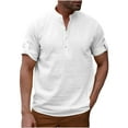 thumbnail image 1 of Men Cotton Linen Henley Shirt Casual Roll Up Short Sleeve Summer T Shirt Button Band Collar Tee Top Beach Hippie Shirts, 1 of 9