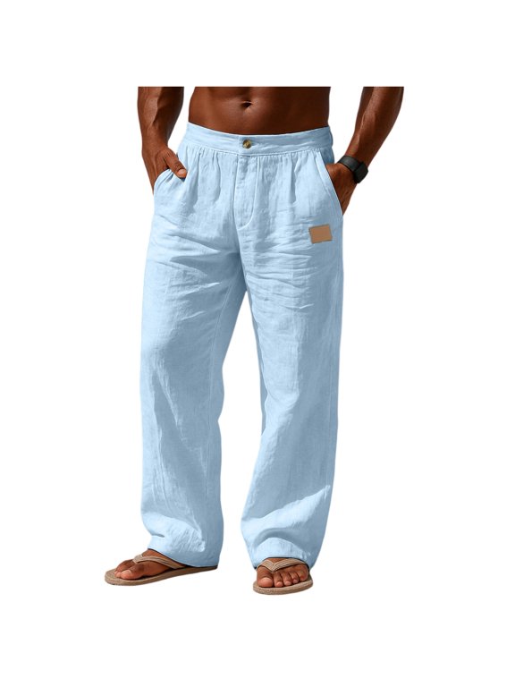 Men Cotton Linen Pants Button Front Elastic Waist Straight Leg Pants Small Leather Patch Decor Loose Casual Pants Wrinkle Texture Lightweight Summer Trousers With Side Slip Pockets For Beach