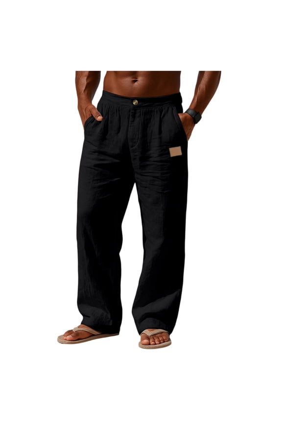 Men Cotton Linen Pants Button Front Elastic Waist Straight Leg Pants Small Leather Patch Decor Loose Casual Pants Wrinkle Texture Lightweight Summer Trousers With Side Slip Pockets For Beach