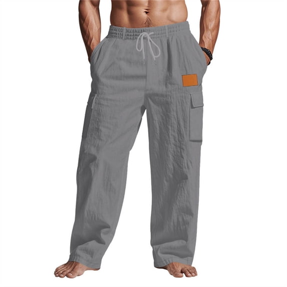 Men Cotton Linen Pants Drawstring Casual Summer Trousers Lightweight Breathable Straight Leg Vocation Beach Lounge Wear Cargo Pocket Dark Gray
