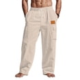 thumbnail image 1 of Men Cotton Linen Pants Drawstring Casual Summer Trousers Lightweight Breathable Straight Leg Vocation Beach Lounge Wear Cargo Pocket Khaki, 1 of 5