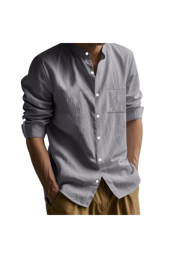 Ipladies Men Cotton Linen Shirt Long Sleeve Collarless Casual Button Down Shirt Breathable Beach Tops Dark Gray M