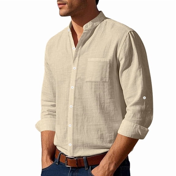 Men Cotton Linen Shirt Long Sleeve Collarless Casual Button Down Shirt Breathable Beach Tops Khaki XL