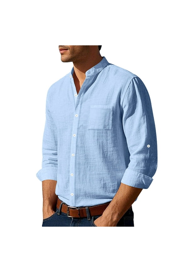 Men Cotton Linen Shirt Long Sleeve Collarless Casual Button Down Breathable Beach Tops Light Blue M
