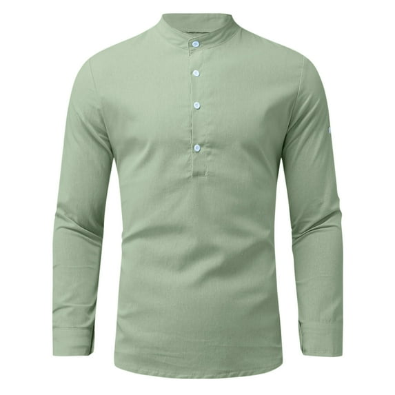 Men Cotton Linen Shirt Pullover Casual Stand-up Collar Solid Beach T-Shirt Green,S