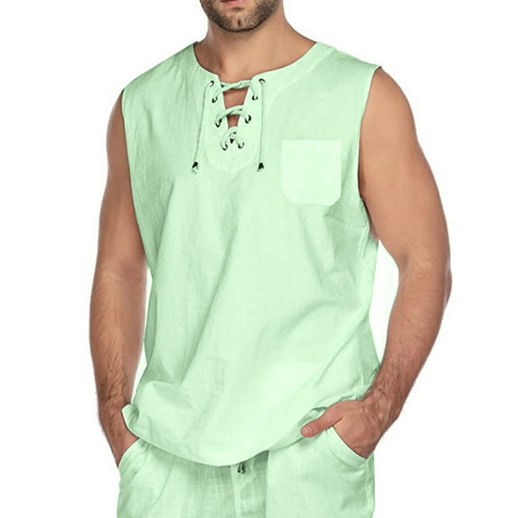 Men Cotton Linen Tank Top Shirts Summer Beach Hippie Tops Sleeveless Lace Up Renaissance Pirate Tunic