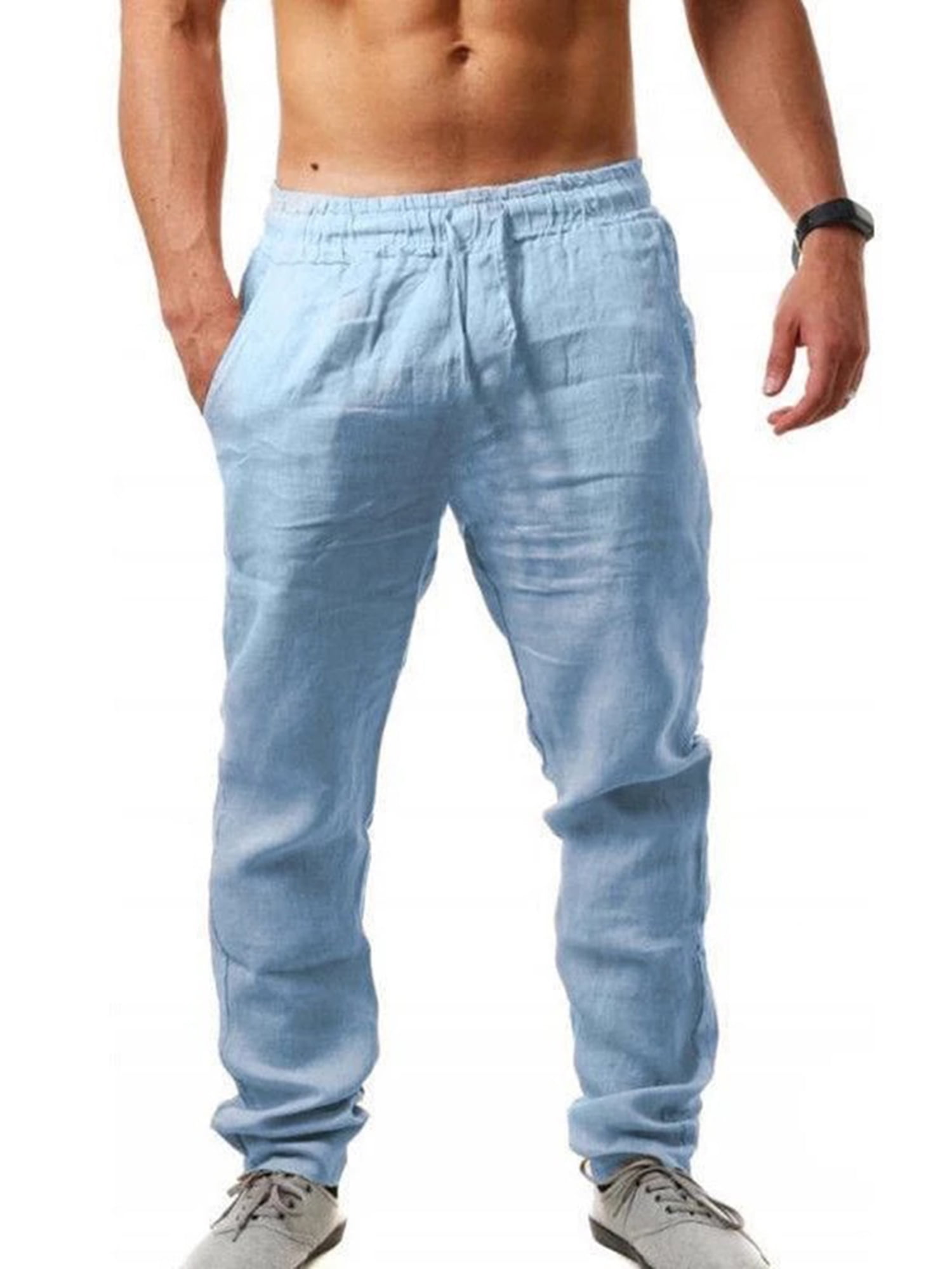 Men Cotton Linen Trousers Solid Color Elastic Waist Loose Long Trousers ...