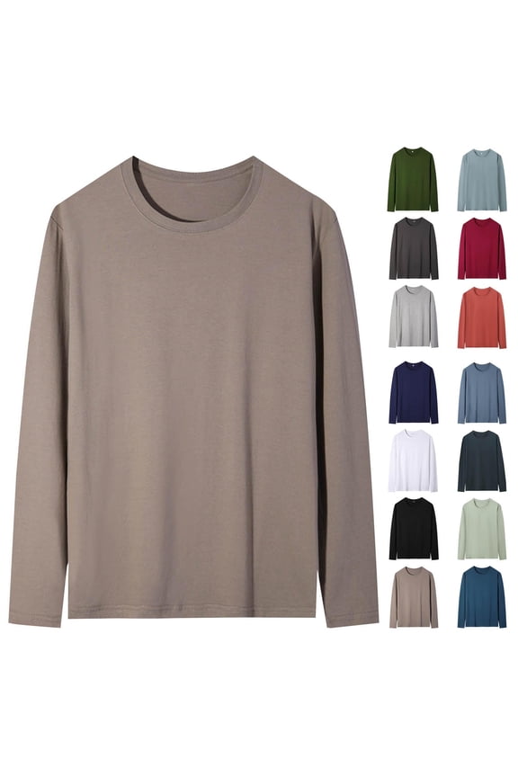 Men Cotton Long Sleeve Tshirts Casual Basic Crewneck Solid Color Pullover Shirts Loose Comfy Lightweight Fall Winter Tops