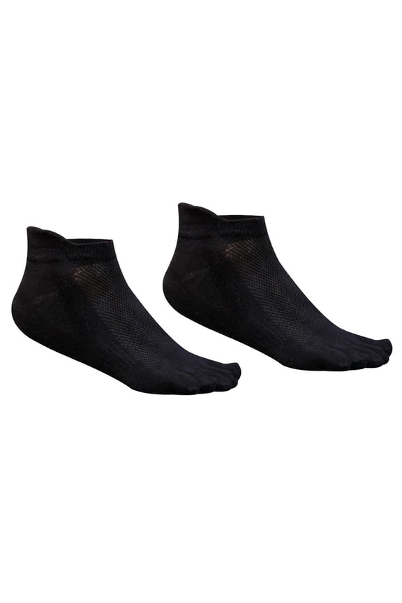Men Cotton Low Cut Athletic Running Toe Socks 5 Finger No Show Mesh Wicking (Black)
