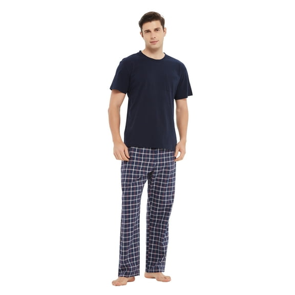 Men Cotton Pajama For Men Lightweight Plaid Soft Nightwear Short Sleeves PJS With Pockets