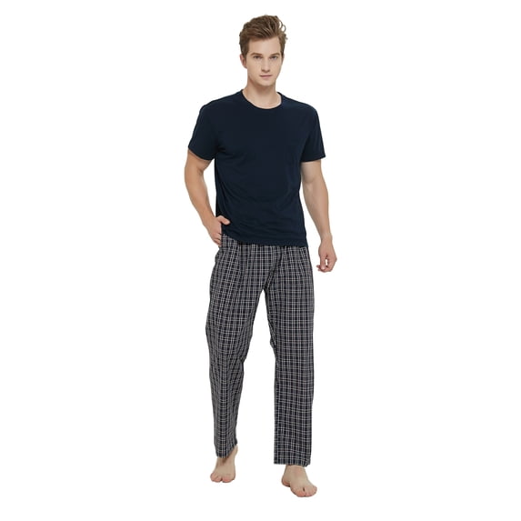 Men Cotton Pajama For Men Lightweight Plaid Soft Nightwear Short Sleeves PJS With Pockets