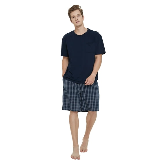 Men Cotton Pajama For Men Lightweight Plaid Soft Nightwear Short Sleeves PJS With Pockets