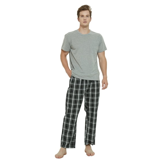 Men Cotton Pajama For Men Lightweight Plaid Soft Nightwear Short Sleeves PJS With Pockets