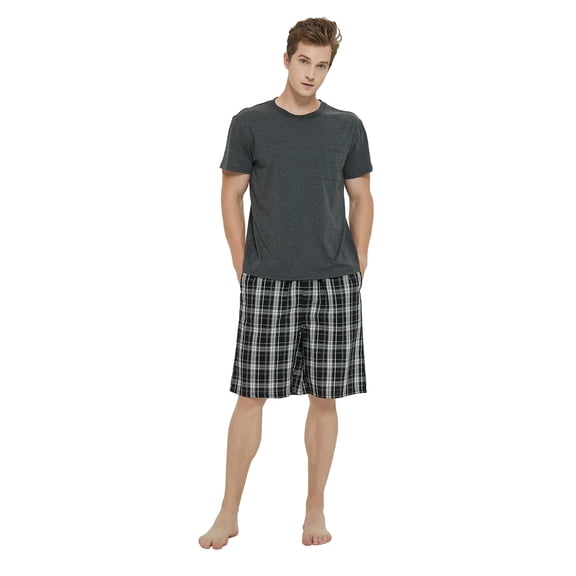 Men Cotton Pajama For Men Lightweight Plaid Soft Nightwear Short Sleeves PJS With Pockets