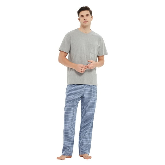 Men Cotton Pajama For Men Lightweight Plaid Soft Nightwear Short Sleeves PJS With Pockets