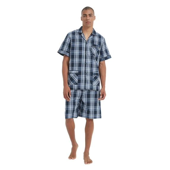 Men Cotton Pajama Shorts For Men Lightweight Plaid Soft Nightwear Short Sleeves PJS With Pockets
