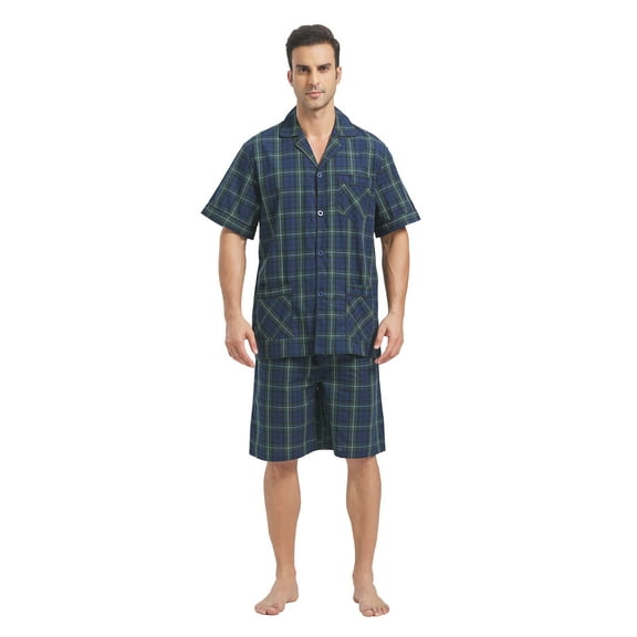 Men Cotton Pajama Shorts For Men Lightweight Plaid Soft Nightwear Short Sleeves PJS With Pockets