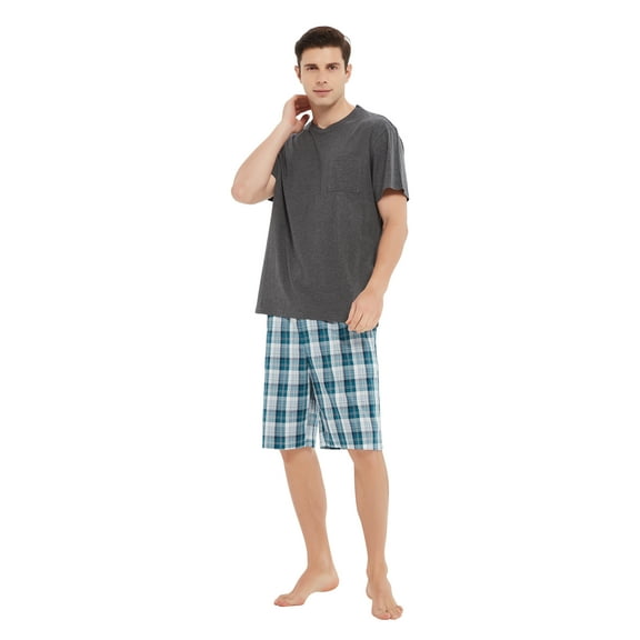 Men Cotton Pajama Shorts For Men Lightweight Plaid Soft Nightwear Short Sleeves PJS With Pockets