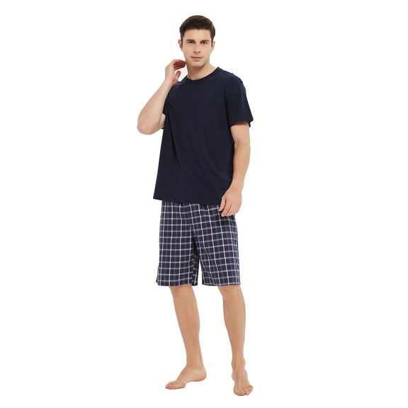 Men Cotton Pajama Shorts For Men Lightweight Plaid Soft Nightwear Short Sleeves PJS With Pockets