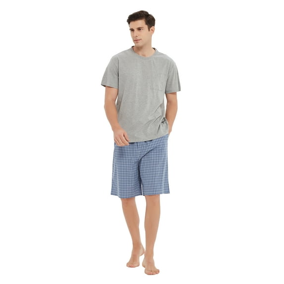 Men Cotton Pajama Shorts For Men Lightweight Plaid Soft Nightwear Short Sleeves PJS With Pockets