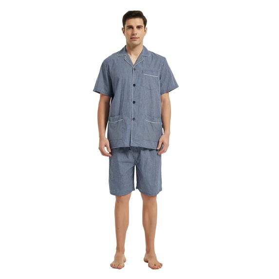 Men Cotton Pajama Shorts For Men Lightweight Plaid Soft Nightwear Short Sleeves PJS With Pockets