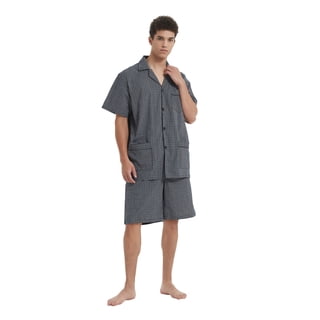 Men Cotton Pajama Shorts For Men Lightweight Plaid Soft Nightwear Short Sleeves PJS With Pockets