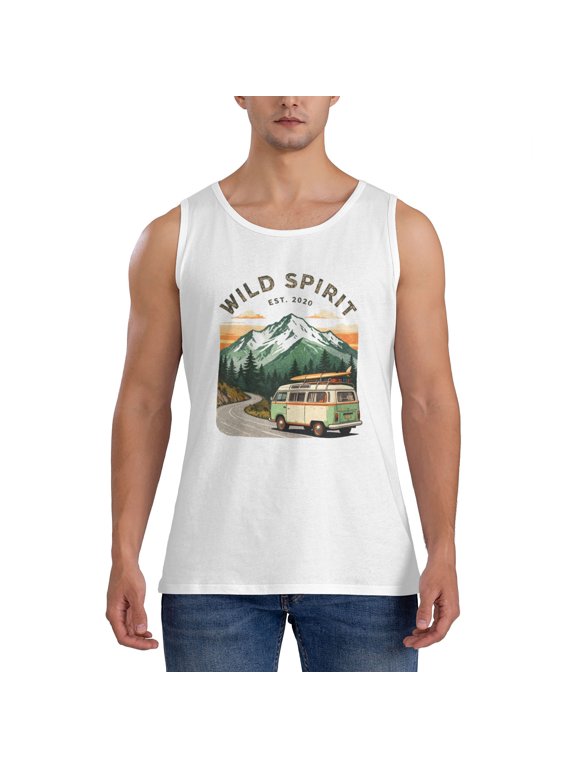 Men Cotton Sports Casual Tank Top, Wild Spirit Vintage Camper Van Mountain Road Trip Outdoor Sleeveless Shirt