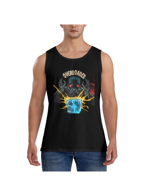 Men Cotton Sports Tank Top, Overloaded Monster Lightning Crystal Cube Sci-Fi Horror Graphic Sleeveless Shirt
