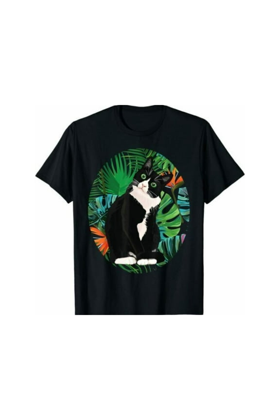 Men Cotton Tee Tropical Cat Graphic T-Shirt Fashion Casual Short Sleeve Round Neck Animal Lover Black S-5XL