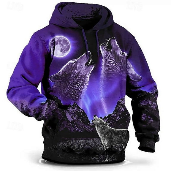 Men Creative Animal Print Hoodie 3D Cool Pattern Long Sleeve Hooded Pullover Fashion Street Style Oversized Tops Sweatshirt for Men Couples Purple 3XL