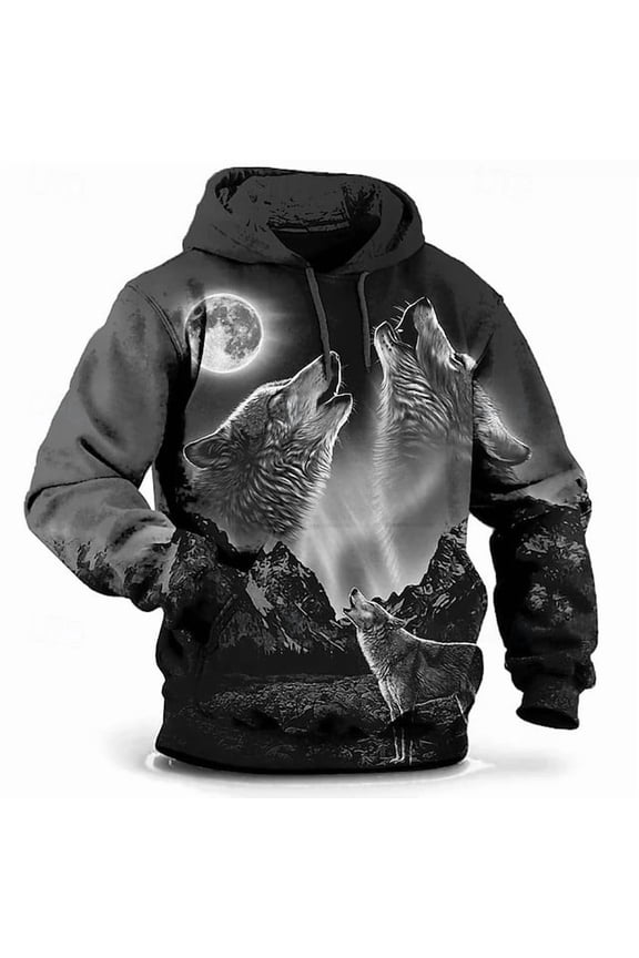 Men Creative Animal Print Hoodie 3D Cool Pattern Long Sleeve Hooded Pullover Fashion Street Style Oversized Tops Sweatshirt for Men Couples Gray L