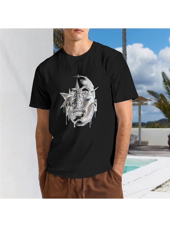 Men Crescent Moon Frame Liquid Chrome Half Human Face Pierced Star Crew Neck T-Shirt, Abstract Y2K Metallic Sculpture Poly Cotton Casual Short Sleeve Tee