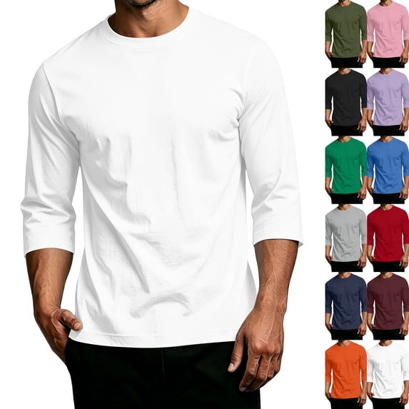 Men Crew Neck 3/4 Sleeve Casual Athletic Basic Tee Shirts White S