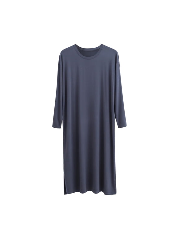 Men Crew Neck Long Sleeve Nightshirt, Loose Fit Long Sleep Nightgown Side Split Hem Soft Breathable Loungewear for Bedroom Wear Multicolor L