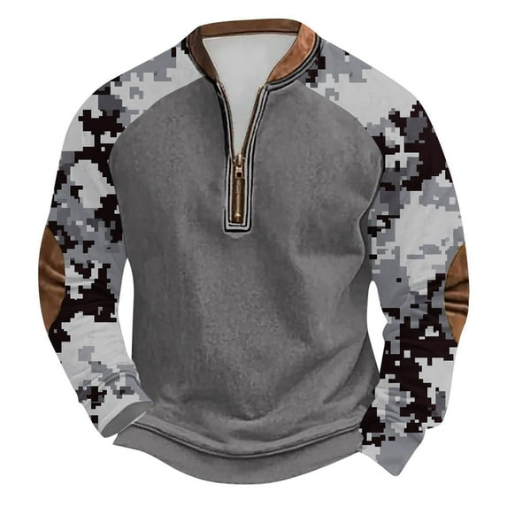 Men Crew Neck Sweatshirt Classic Camouflage Print Hoodless Sweatshirt Half Zip Long Sleeve Pullover Top Men's Shirt Sweater Tops