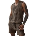thumbnail image 1 of Men Crochet 2 Piece Outfits Mesh Sheer Tank and Shorts Summer Fishnet Shorts Set for Beach Casual Brown L, 1 of 7