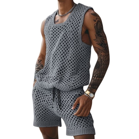 Men Crochet 2 Piece Outfits Mesh Sheer Tank and Shorts Summer Fishnet Shorts Set for Beach Casual Gray M