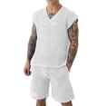 thumbnail image 1 of Men Crochet See Through 2 Piece Outfits Mesh Hollow Out V Neck Sleeveless Tank Top and Shorts Summer Fishnet Shorts Set for Beach Casual Breathable White, 1 of 5