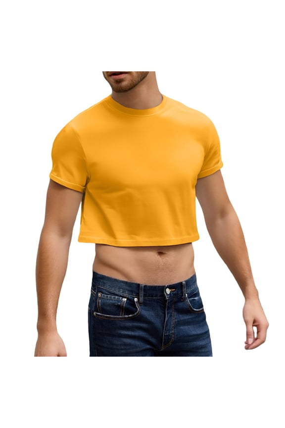 Men Crop Top Short Sleeve Solid Crew Neck Cropped T Shirts Casual Solid Slim Fit Rolled Cuff Hem 2026 Basic Tee For Party Yellow M