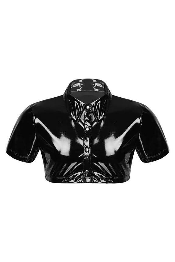 Men Crop Tops Wet Look Pvc Blouse Faux Patent Leather Shirt Jacket Coat Pu Slim