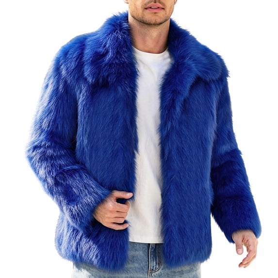 Men Cropped Fuzzy Jacket Winter Warm Coat Open Front Outerwear,Lapel Long Sleeve and Pocket Daily Casual Comfy Wear,Blue,XXL