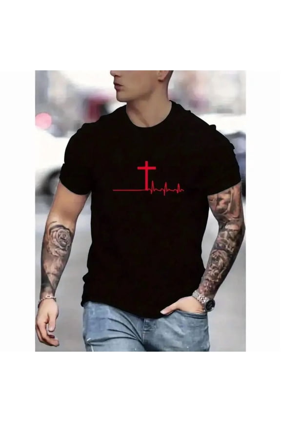 Men Cross Pattern Printed T-Shirt, Knitted Round Neck Elastic Breathable Multi Season Casual Tee