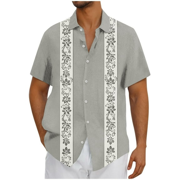 Men Cuban Guayabera Shirt Cotton Linen Short Sleeve Shirts Button-Up Casual Lightweight Summer Beach T Shirt