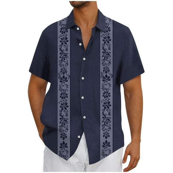 Men Cuban Guayabera Shirt Cotton Linen Short Sleeve Shirts Button-Up Casual Lightweight Summer Beach T Shirt