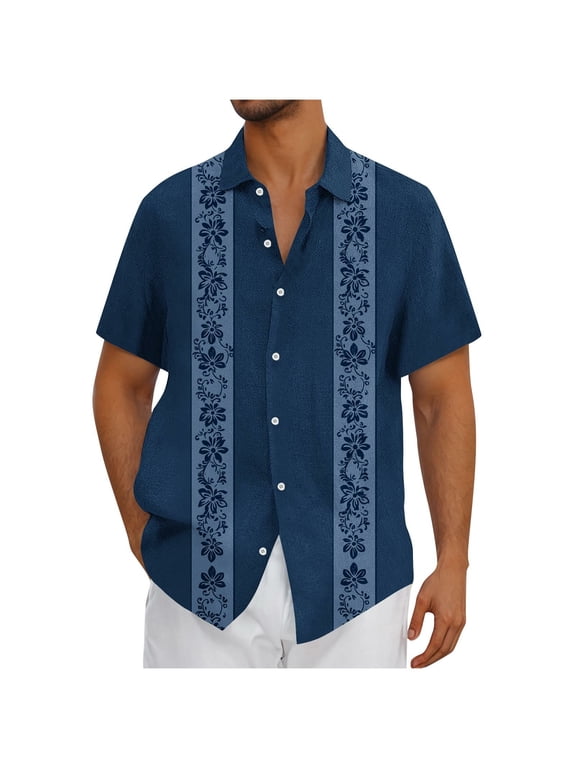 Men Cuban Guayabera Shirt Cotton Linen Short Sleeve Shirts Button-Up Casual Lightweight Summer Beach T Shirt