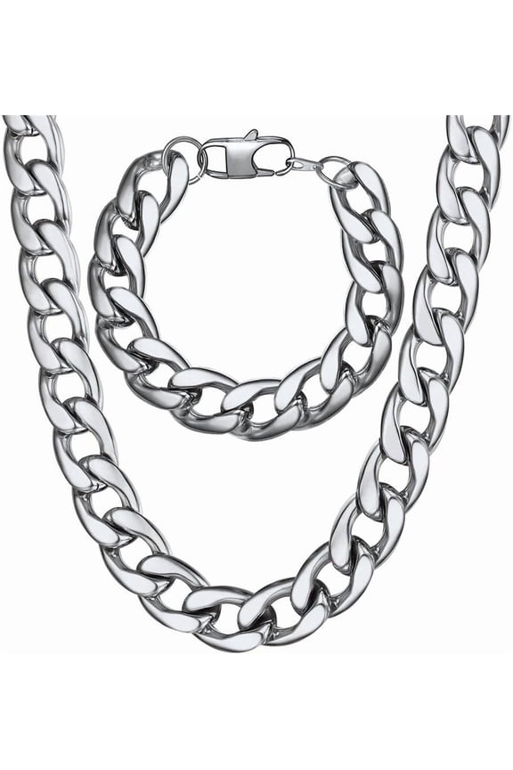 Men Cuban Link Chain 15mm Wide Stainless Steel Heavy Duty Chain Big Statement Jewelry Set Necklace Bracelet 22" 8.3"