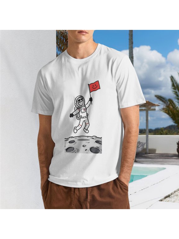 Men Cute Cartoon Astronaut Moon Graphic T-Shirt, Smiley Face Flag Space Lover Crew Neck Poly Cotton Casual Short Sleeve Tee